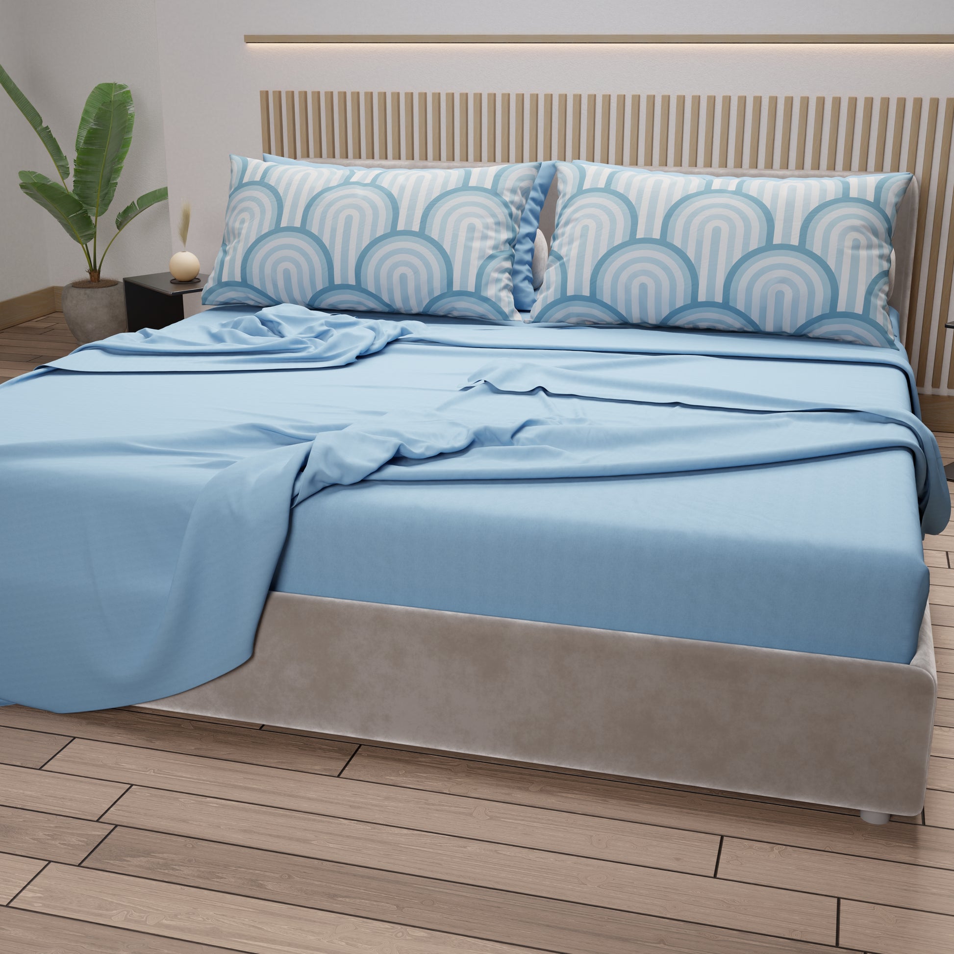 Lenzuola in Cotone, Completo Letto con Federe in Stampa Digitale Delta Zucchero Celeste.