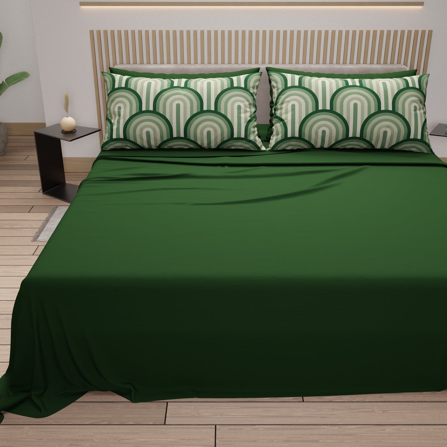Lenzuola in Cotone, Completo Letto con Federe in Stampa Digitale Delta Salvia Verde Scuro.