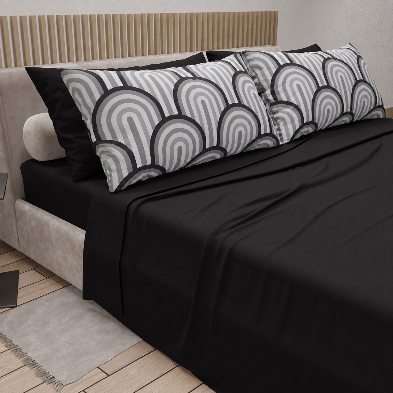 Lenzuola in Cotone, Completo Letto con Federe in Stampa Digitale Delta Grigio Nero