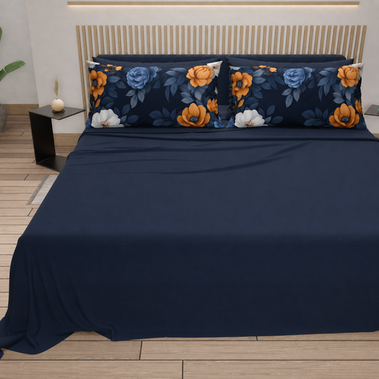 Lenzuola in Cotone, Completo Letto con Federe in Stampa Digitale Autunno 04 Blu Notte