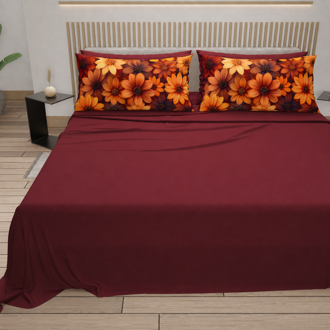 Lenzuola in Cotone, Completo Letto con Federe in Stampa Digitale Autunno 06 Bordeaux