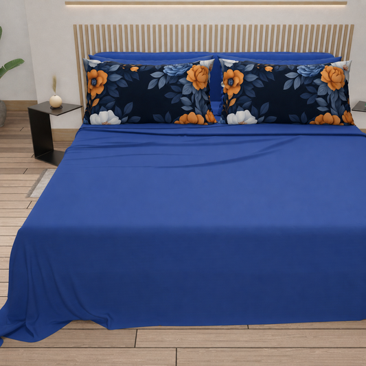 Lenzuola in Cotone, Completo Letto con Federe in Stampa Digitale Autunno 04 Blu Elettrico