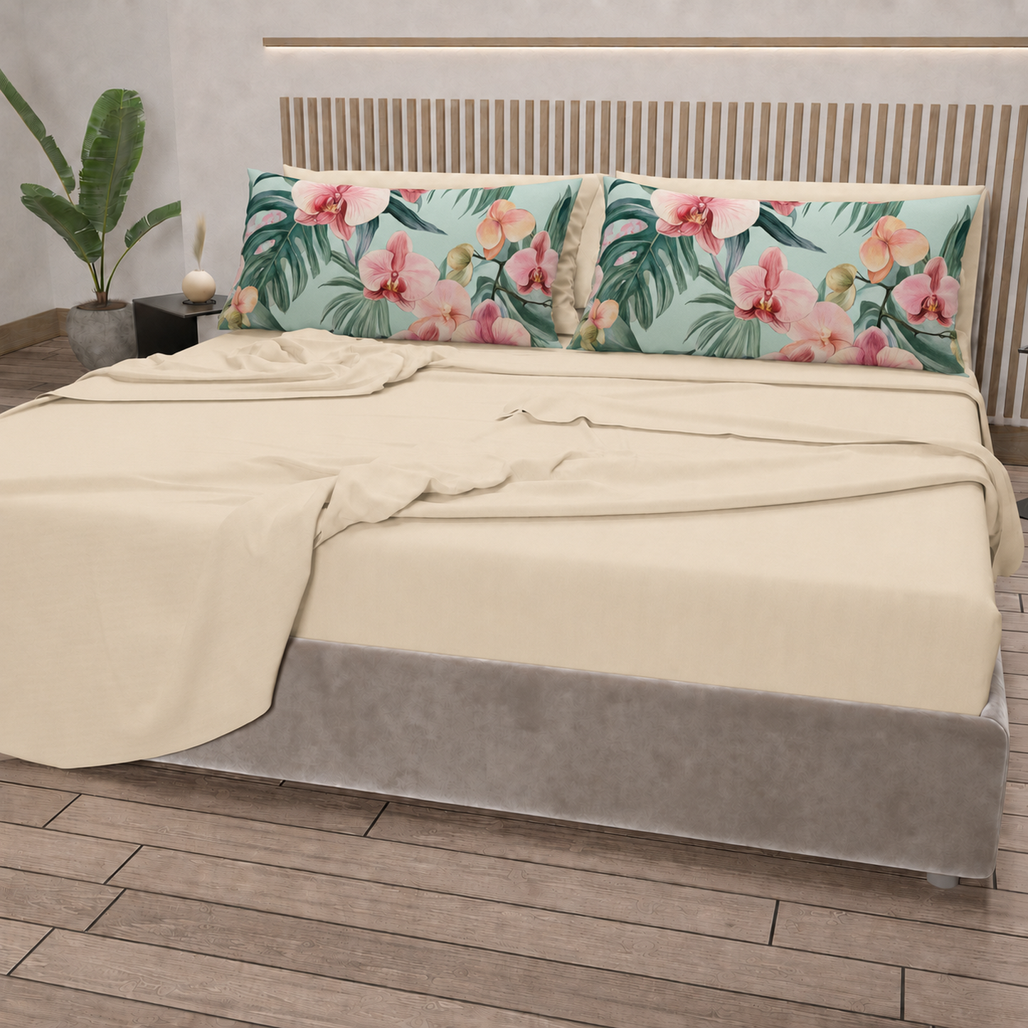 Lenzuola in Cotone, Completo Letto con Federe in Stampa Digitale Petalo 03 Panna.