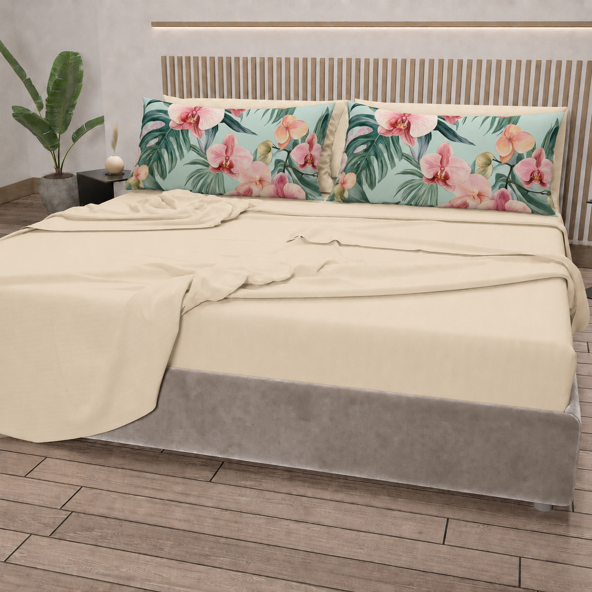 Lenzuola in Cotone, Completo Letto con Federe in Stampa Digitale Petalo 03 Panna.