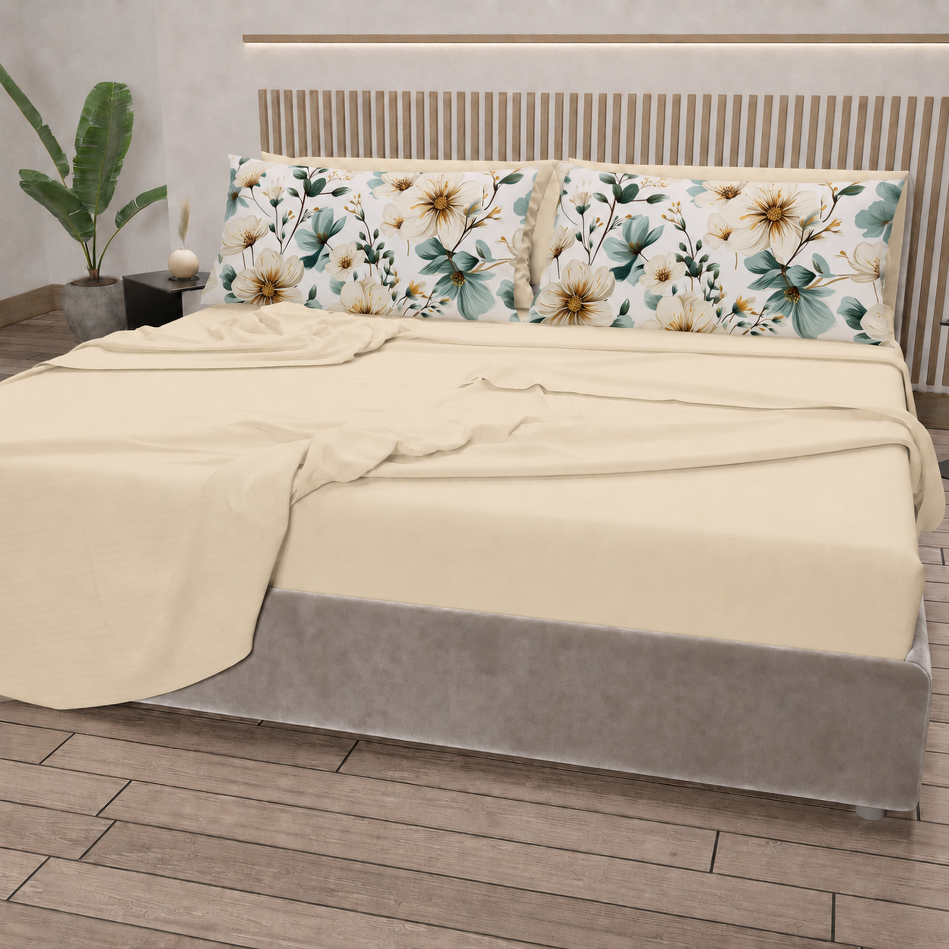 Lenzuola in Cotone, Completo Letto con Federe in Stampa Digitale Petalo 20 Panna.