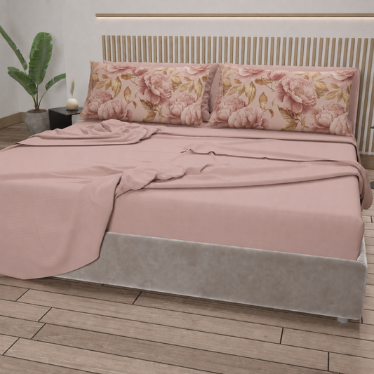 Lenzuola in Cotone, Completo Letto con Federe in Stampa Digitale Petalo 13 Cipria Chiaro.