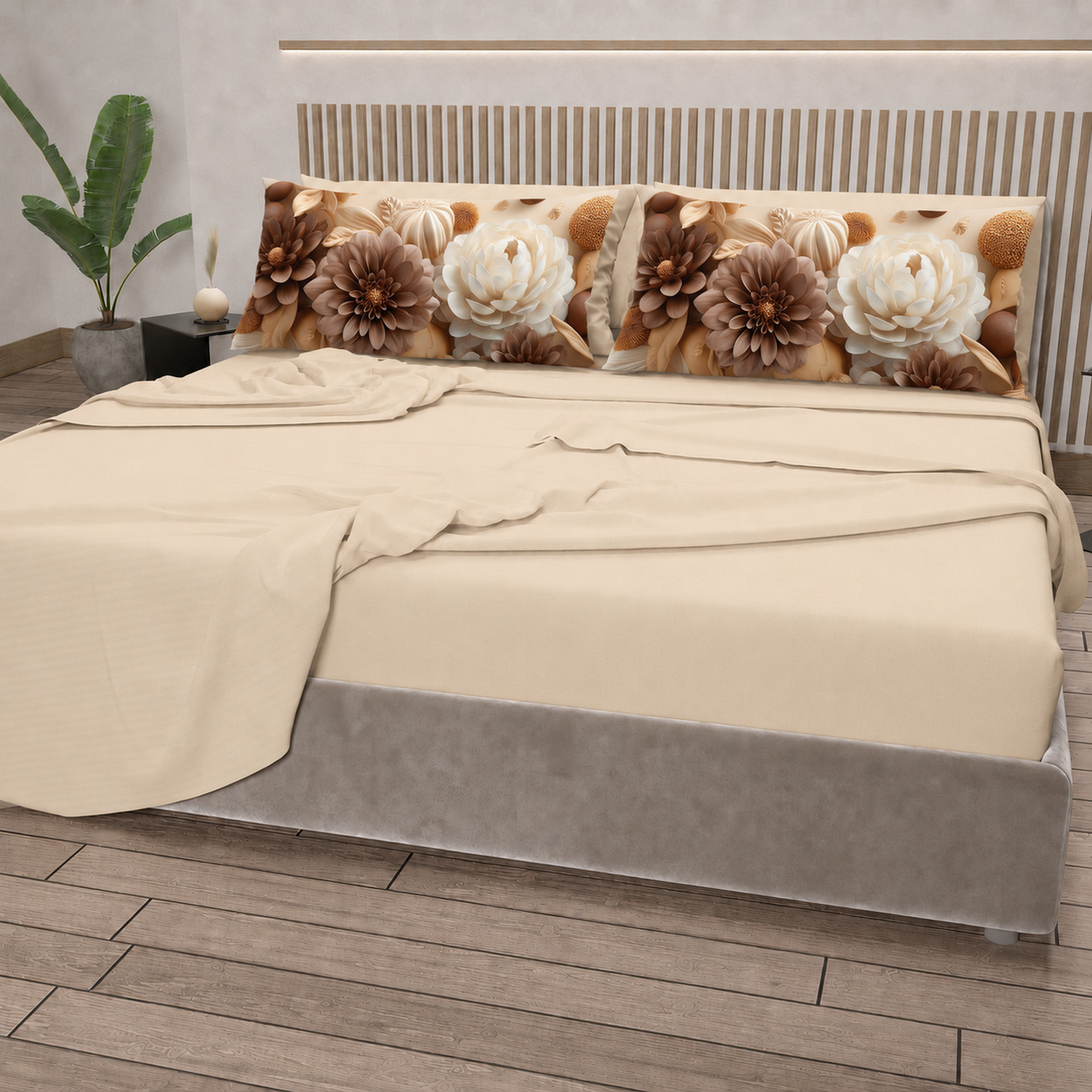 Lenzuola in Cotone, Completo Letto con Federe in Stampa Digitale Petalo 10 Panna