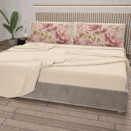 Lenzuola in Cotone, Completo Letto con Federe in Stampa Digitale Petalo 13 Panna.