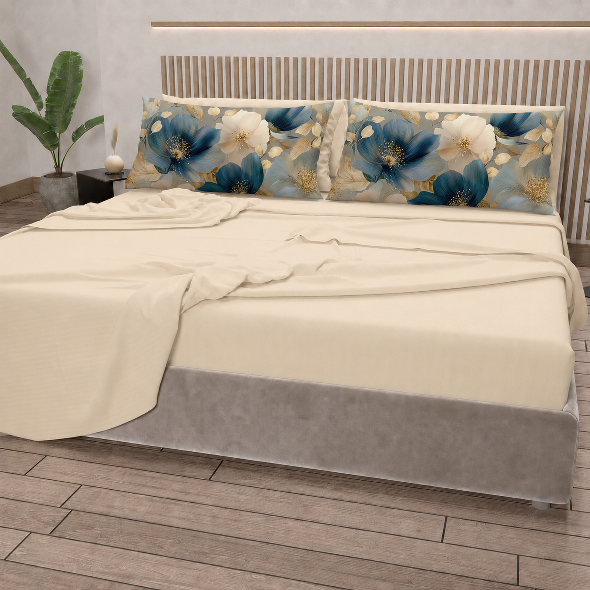 Lenzuola in Cotone, Completo Letto con Federe in Stampa Digitale Petalo 12 Panna.