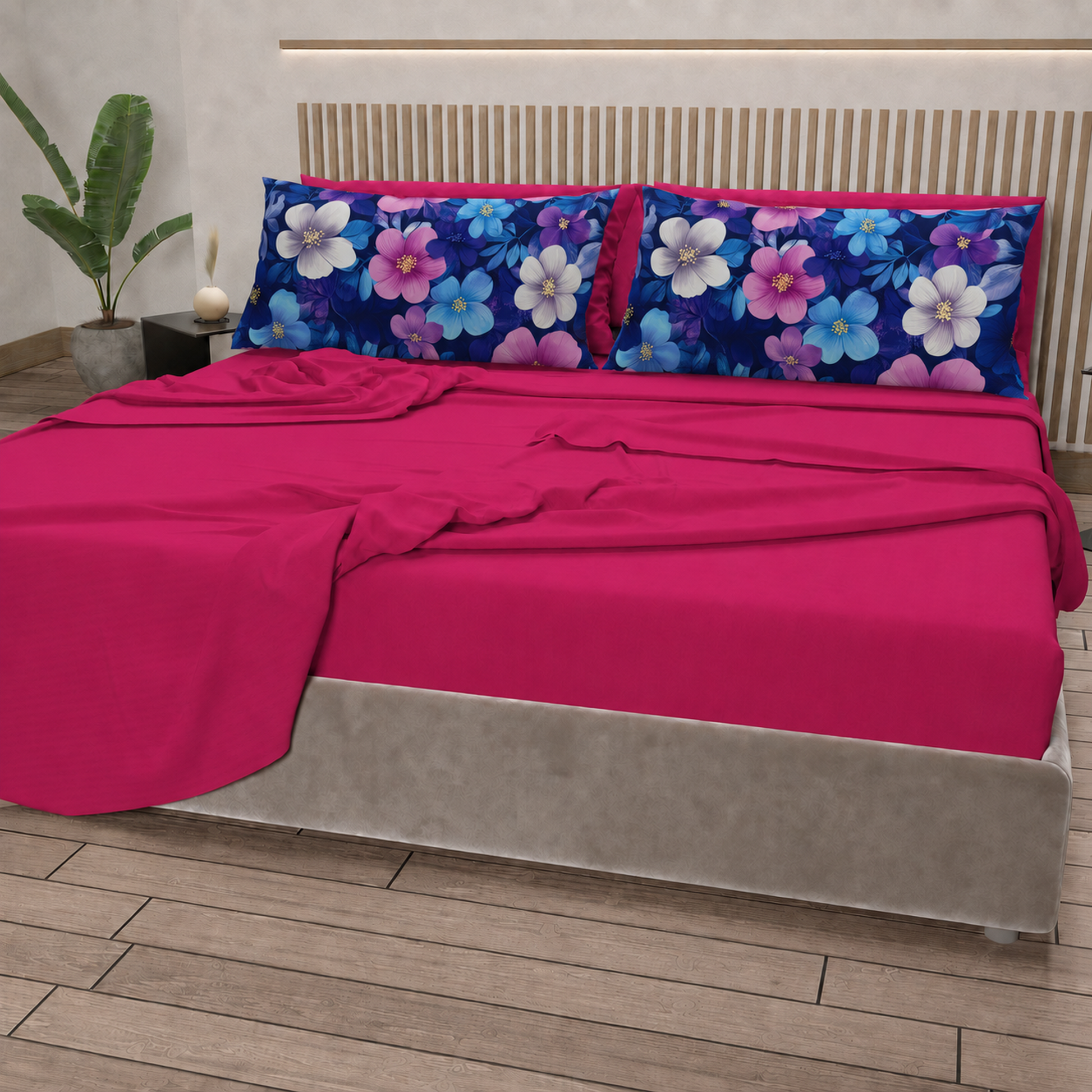 Lenzuola in Cotone, Completo Letto con Federe in Stampa Digitale Petalo 05 Fucsia.