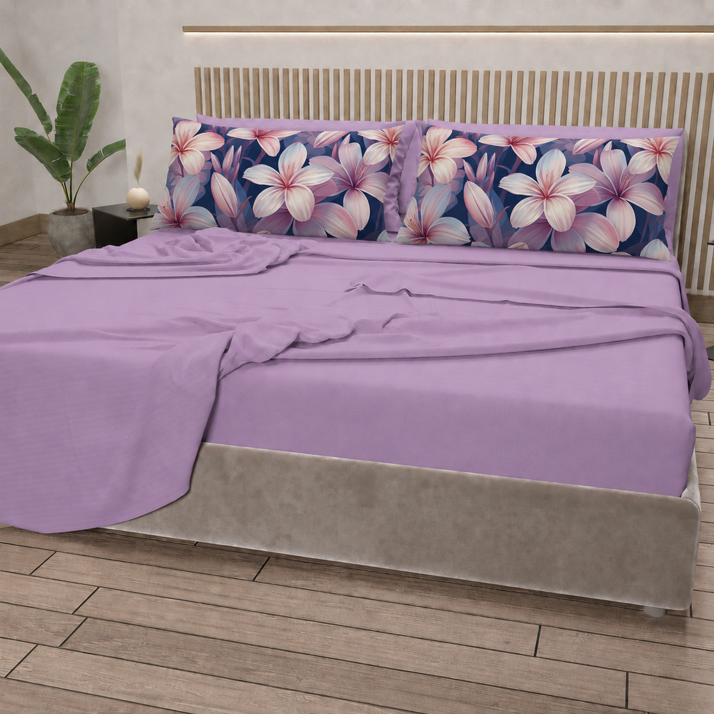 Lenzuola in Cotone, Completo Letto con Federe in Stampa Digitale Petalo 16 Lilla.