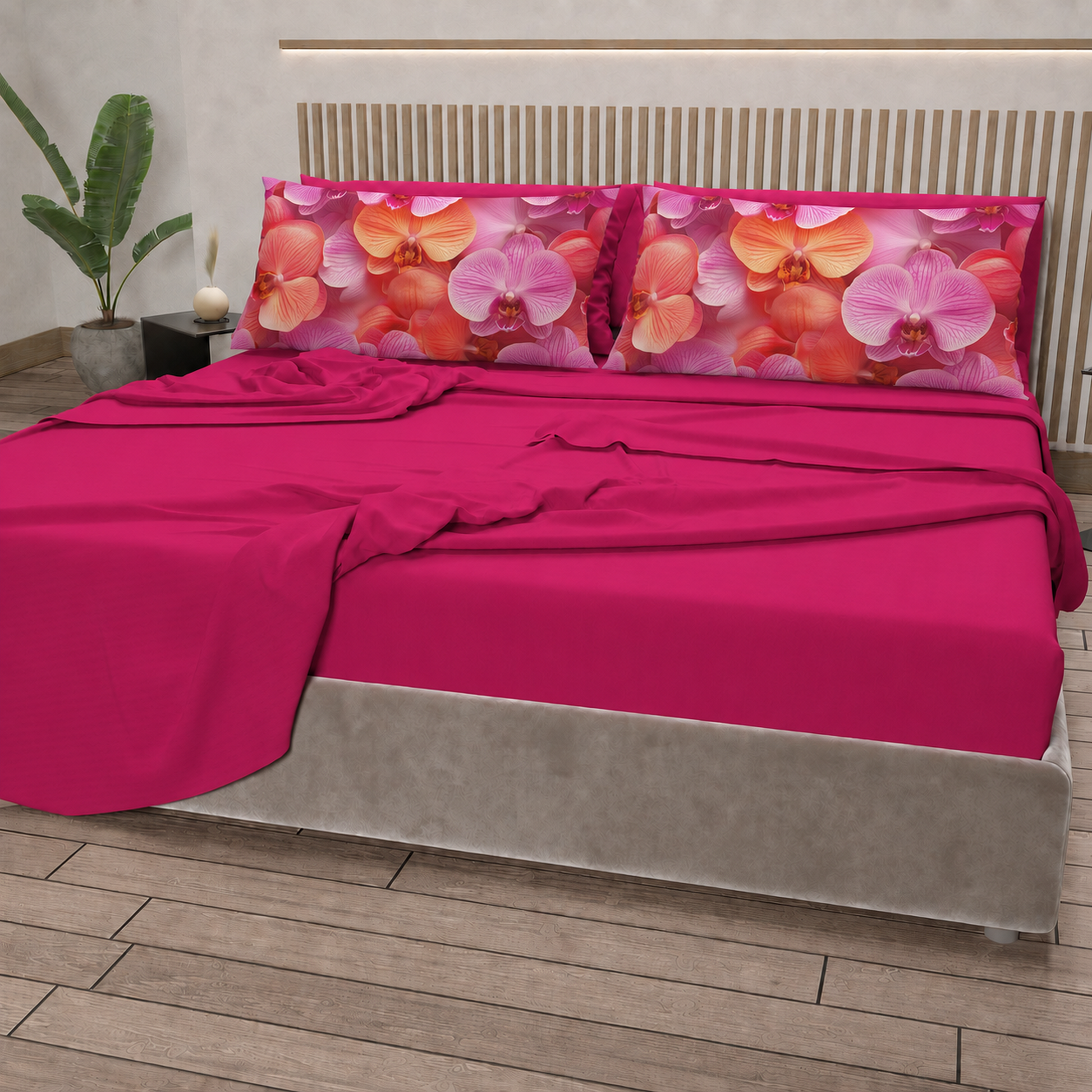 Lenzuola in Cotone, Completo Letto con Federe in Stampa Digitale Petalo 08 Fucsia.