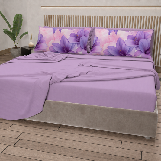 Lenzuola in Cotone, Completo Letto con Federe in Stampa Digitale Petalo 06 Lilla