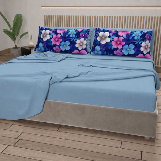 Lenzuola in Cotone, Completo Letto con Federe in Stampa Digitale Petalo 05 Cleleste.