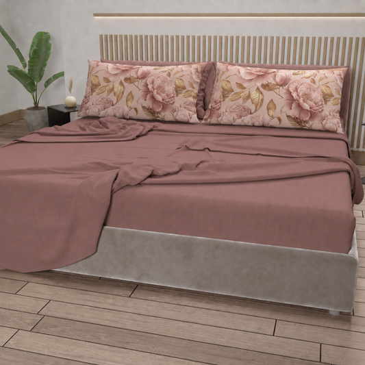 Lenzuola in Cotone, Completo Letto con Federe in Stampa Digitale Petalo 13 Cipria Scuro