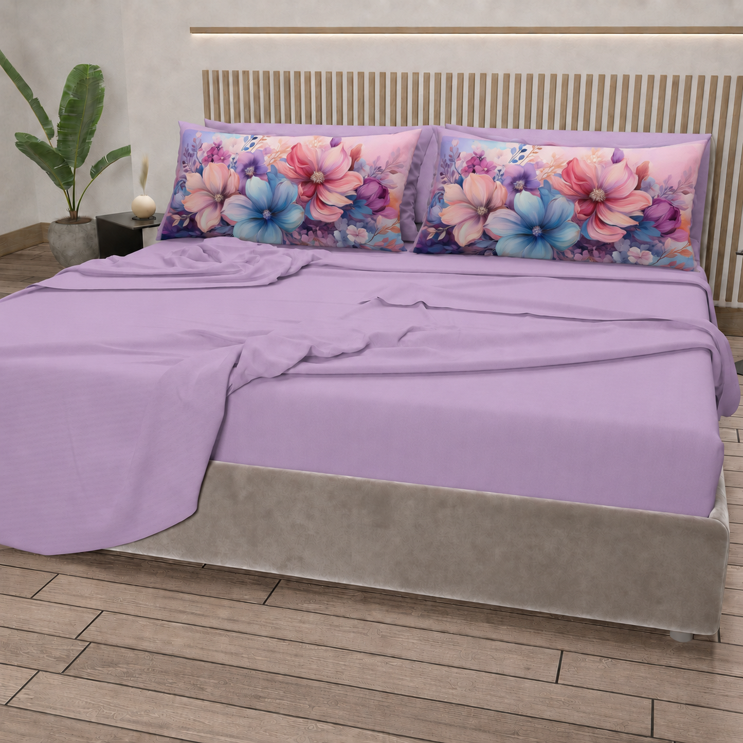 Lenzuola in Cotone, Completo Letto con Federe in Stampa Digitale Petalo 11 Lilla.