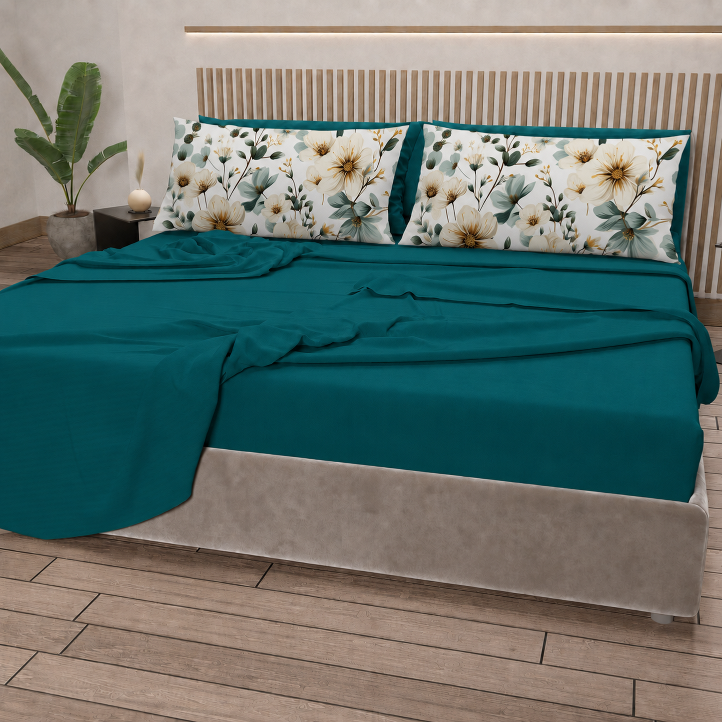 Lenzuola in Cotone, Completo Letto con Federe in Stampa Digitale Petalo 20 Ottanio