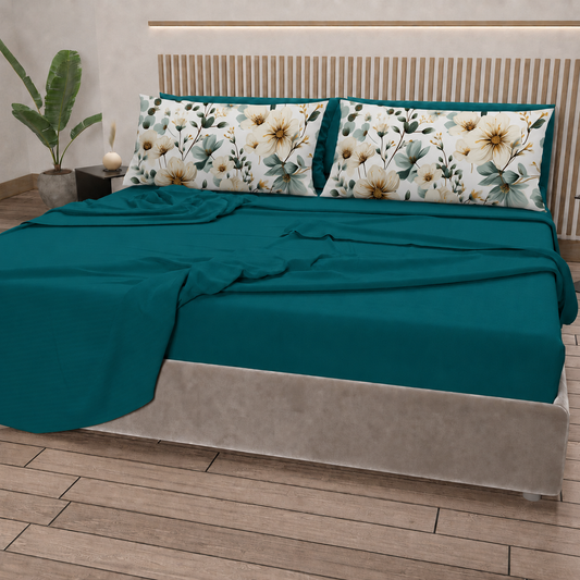 Lenzuola in Cotone, Completo Letto con Federe in Stampa Digitale Petalo 20 Ottanio