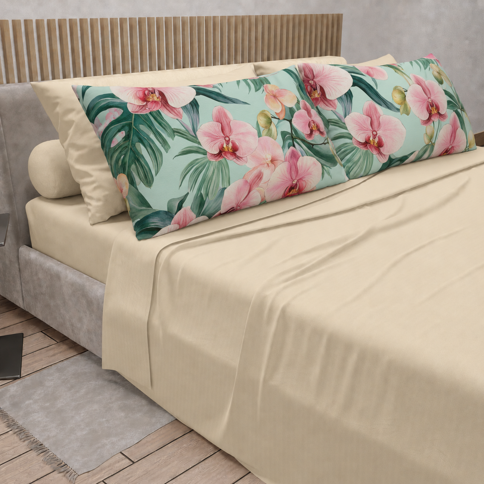 Lenzuola in Cotone, Completo Letto con Federe in Stampa Digitale Petalo 03 Panna.