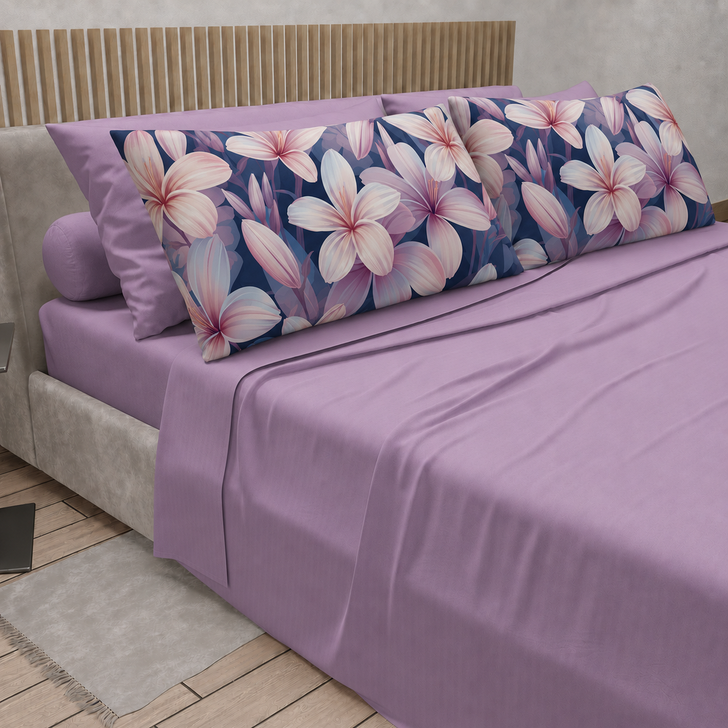 Lenzuola in Cotone, Completo Letto con Federe in Stampa Digitale Petalo 16 Lilla.