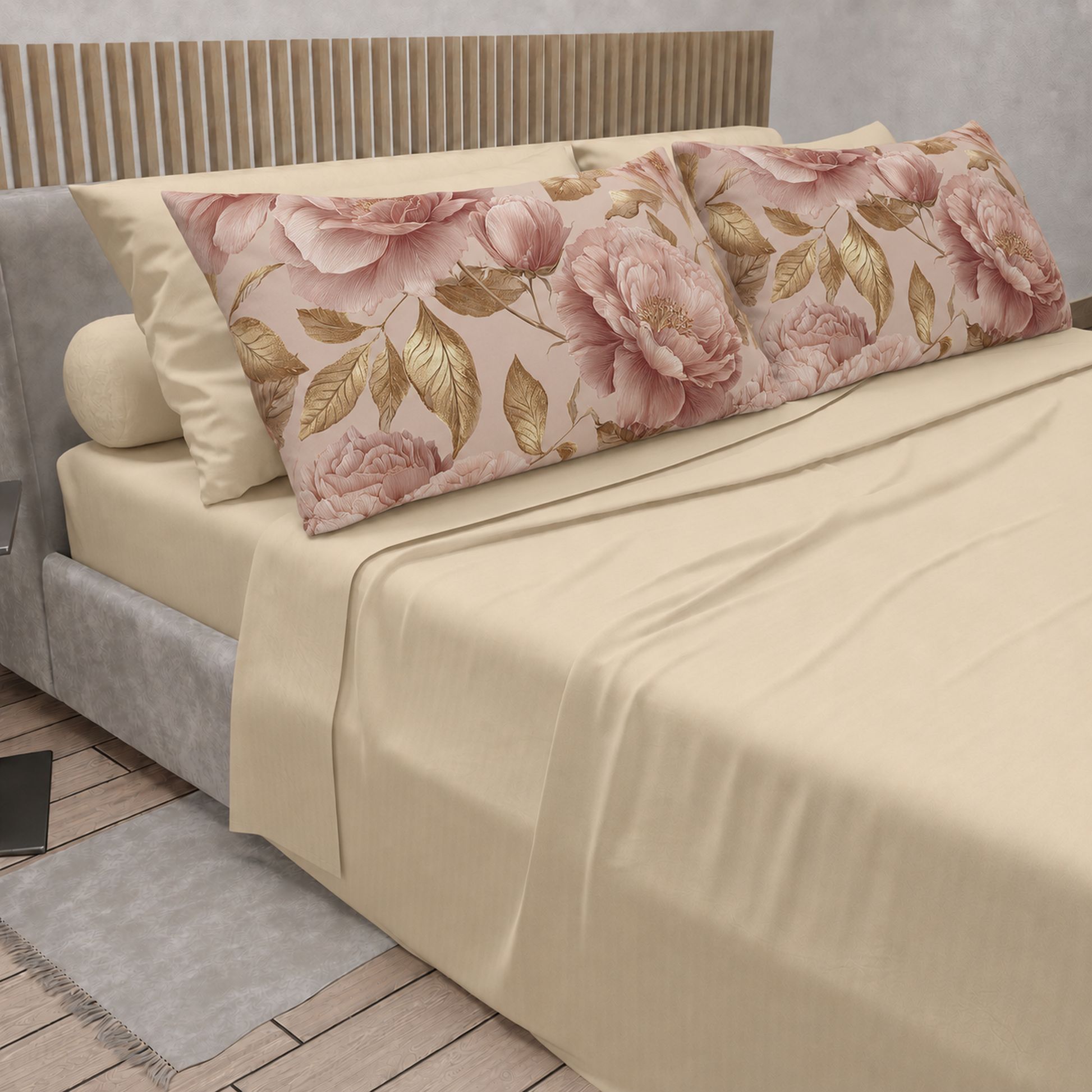Lenzuola in Cotone, Completo Letto con Federe in Stampa Digitale Petalo 13 Panna.
