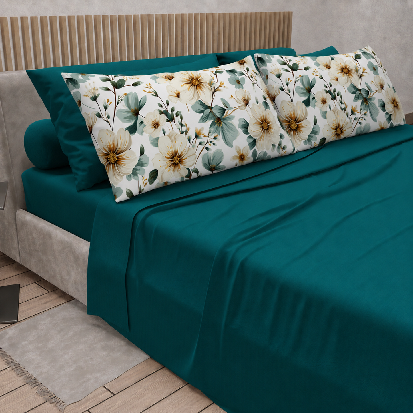 Lenzuola in Cotone, Completo Letto con Federe in Stampa Digitale Petalo 20 Ottanio