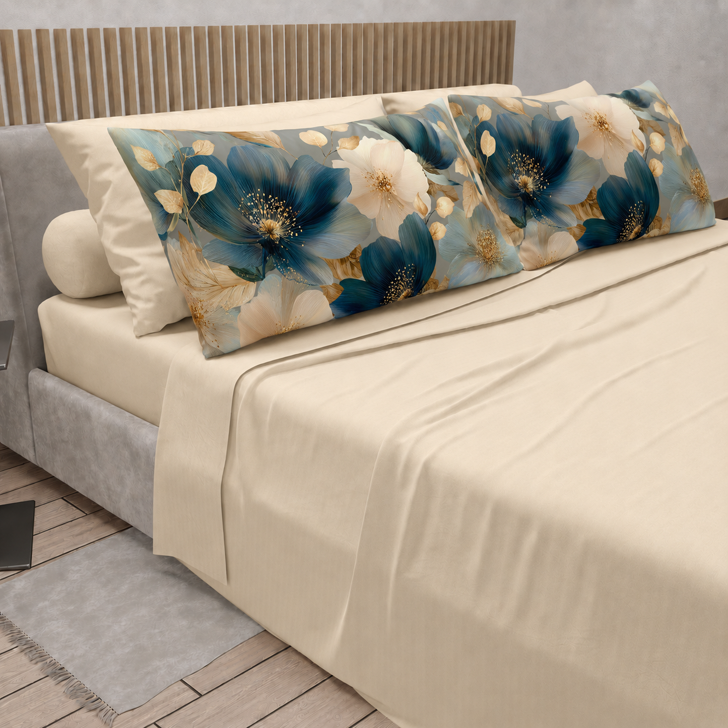 Lenzuola in Cotone, Completo Letto con Federe in Stampa Digitale Petalo 12 Panna.