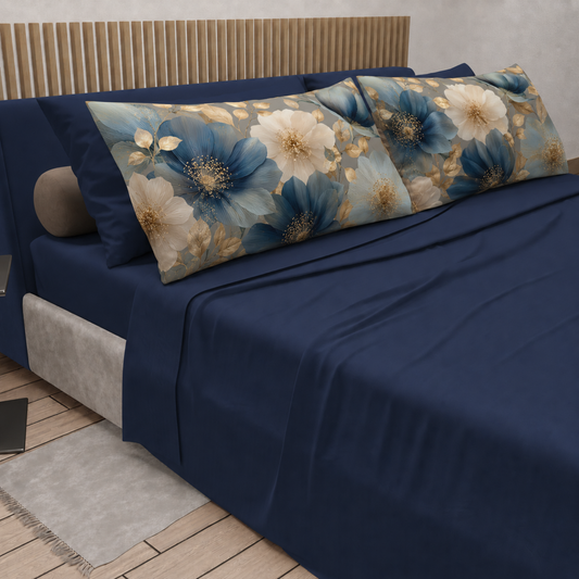 Lenzuola in Cotone, Completo Letto con Federe in Stampa Digitale Petalo 12 Blu Notte.