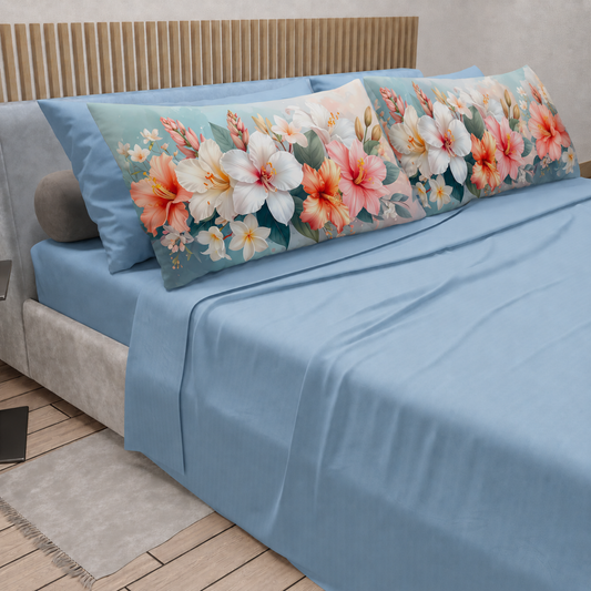 Lenzuola in Cotone, Completo Letto con Federe in Stampa Digitale Petalo 17 Celeste.
