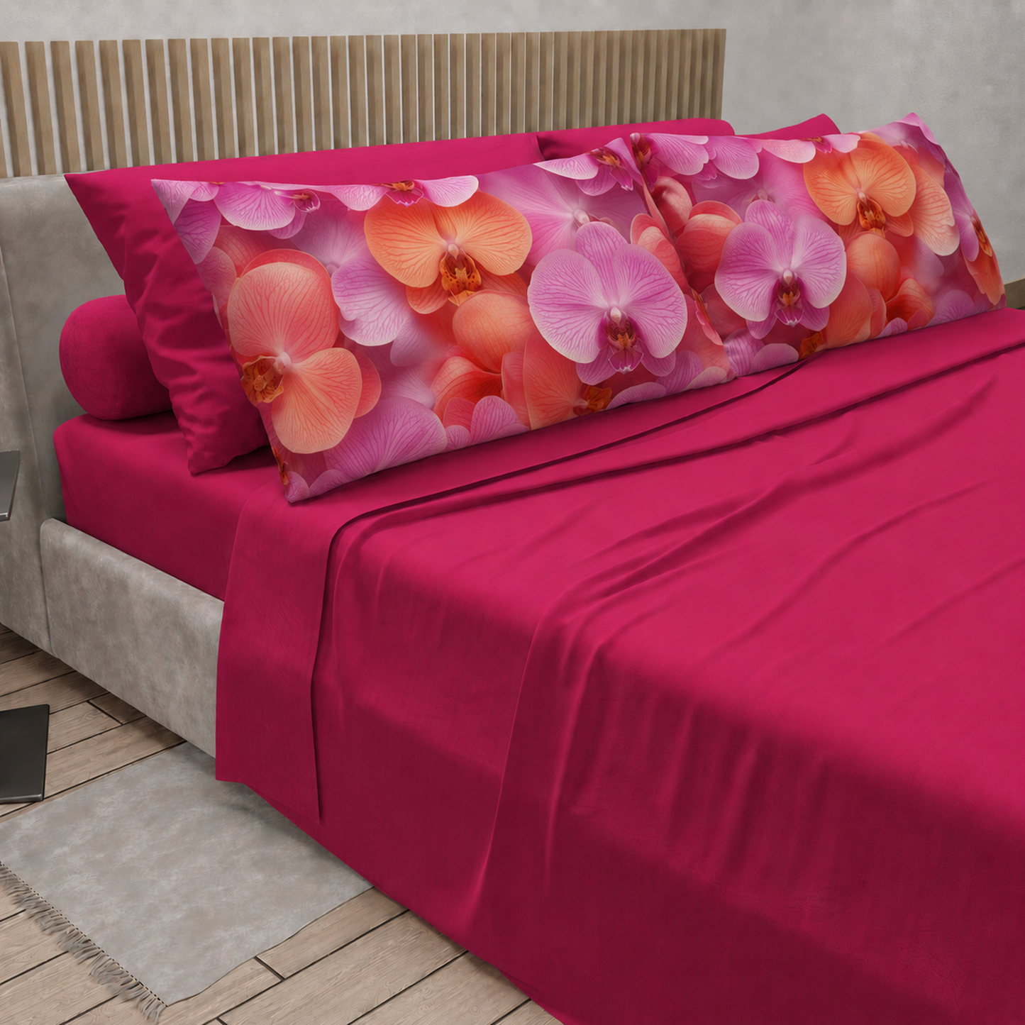 Lenzuola in Cotone, Completo Letto con Federe in Stampa Digitale Petalo 08 Fucsia.