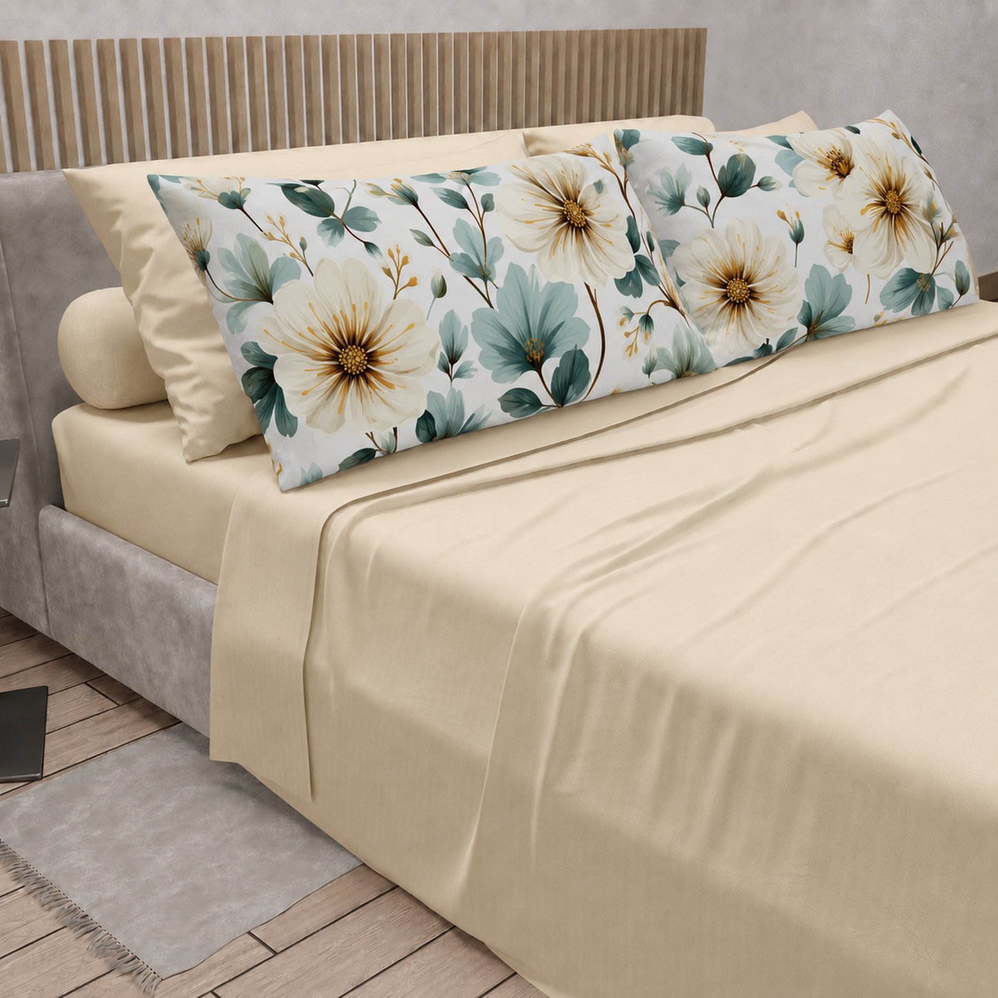Lenzuola in Cotone, Completo Letto con Federe in Stampa Digitale Petalo 20 Panna.