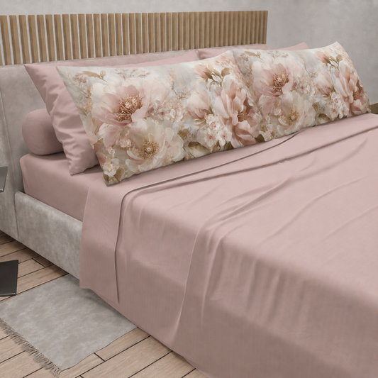 Lenzuola in Cotone, Completo Letto con Federe in Stampa Digitale Petalo 14 Cipria Chiaro.