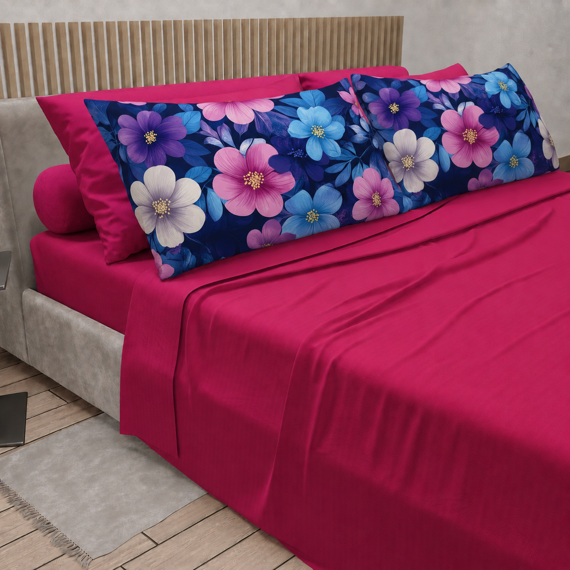 Lenzuola in Cotone, Completo Letto con Federe in Stampa Digitale Petalo 05 Fucsia.