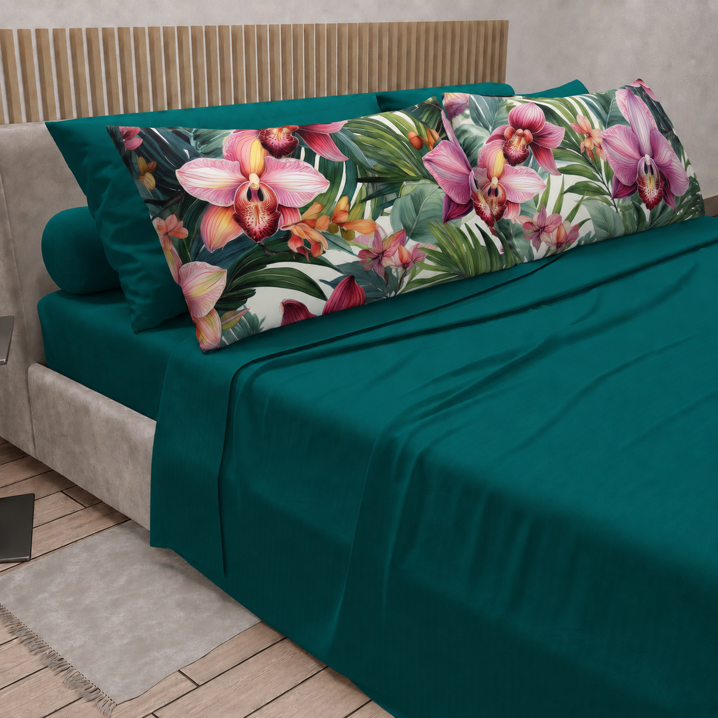 Lenzuola in Cotone, Completo Letto con Federe in Stampa Digitale Petalo 09 Ottanio