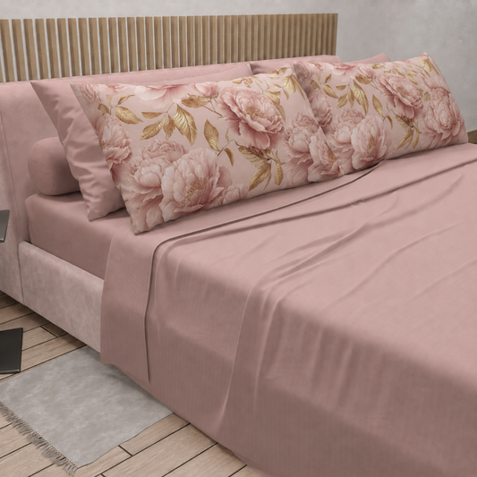 Lenzuola in Cotone, Completo Letto con Federe in Stampa Digitale Petalo 13 Cipria Chiaro.