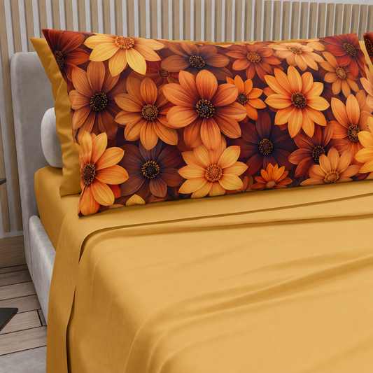 Lenzuola in Cotone, Completo Letto con Federe in Stampa Digitale Autunno 06 Giallo