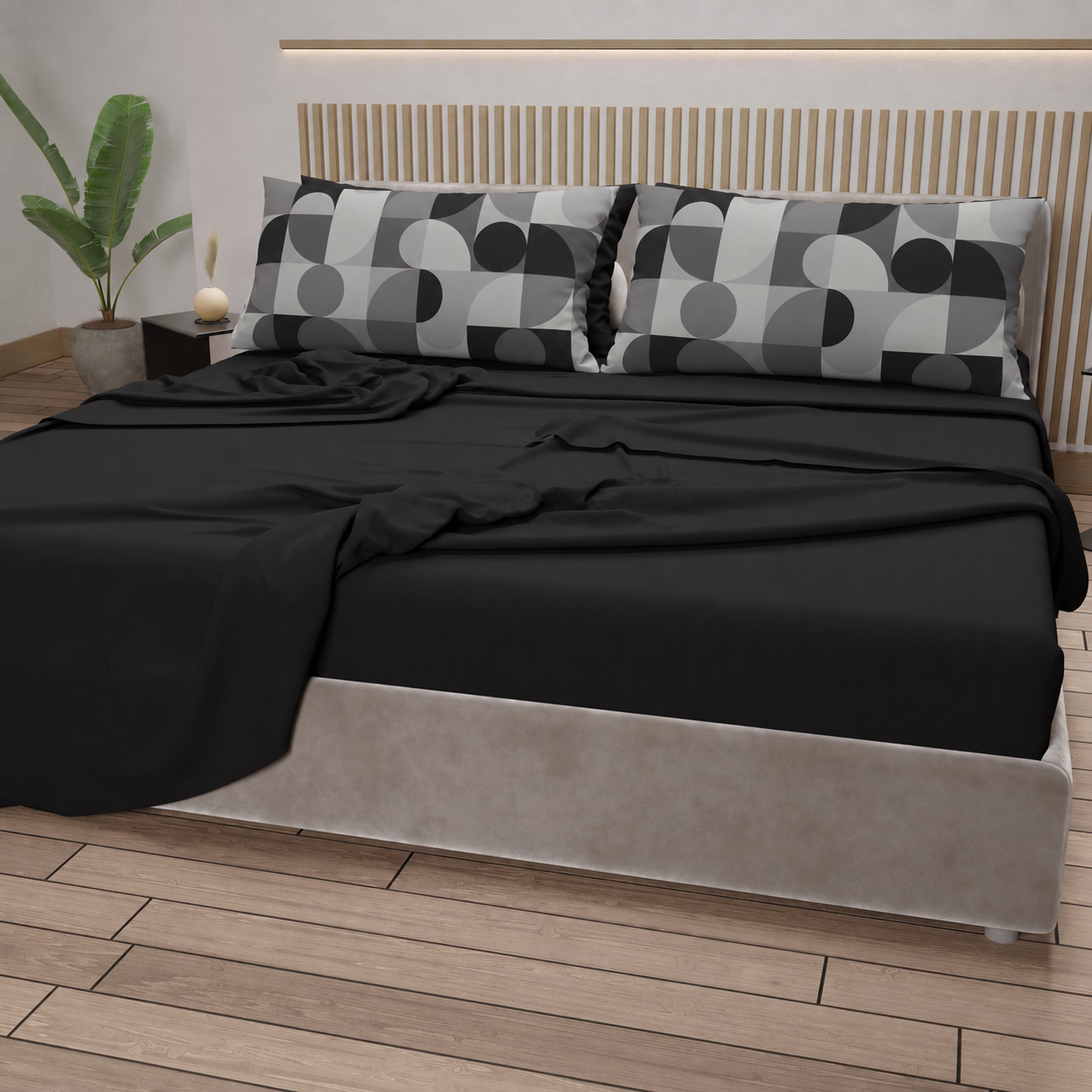 Lenzuola in Cotone, Completo Letto con Federe in Stampa Digitale Circle Grigio Nero