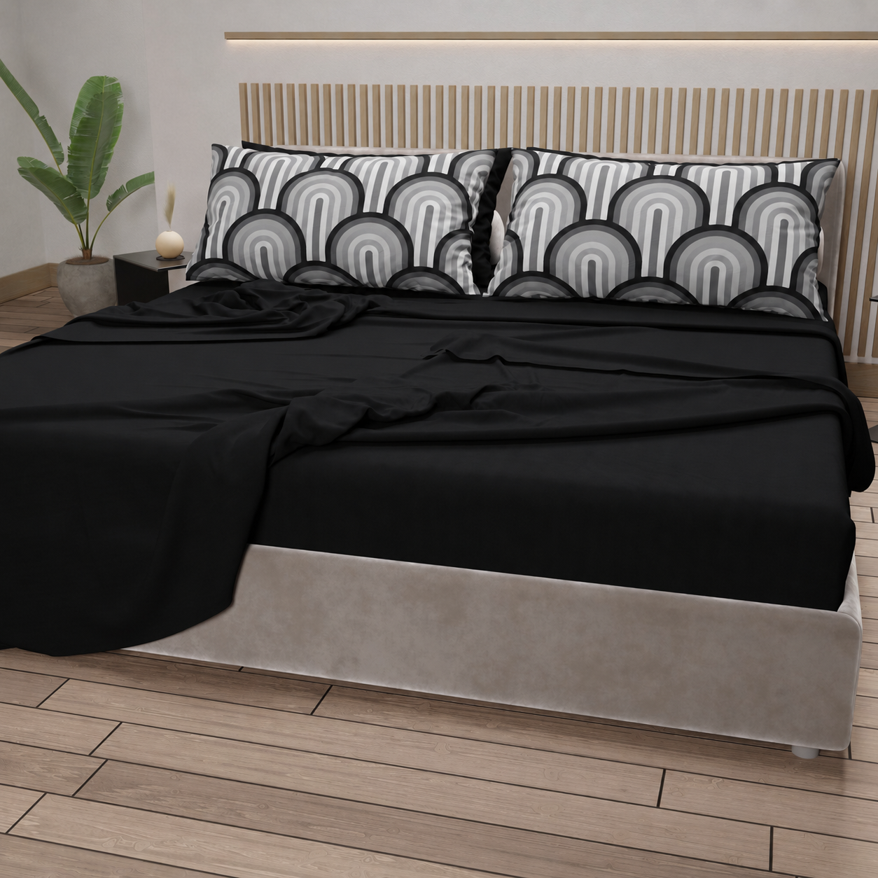 Lenzuola in Cotone, Completo Letto con Federe in Stampa Digitale Delta Grigio Nero