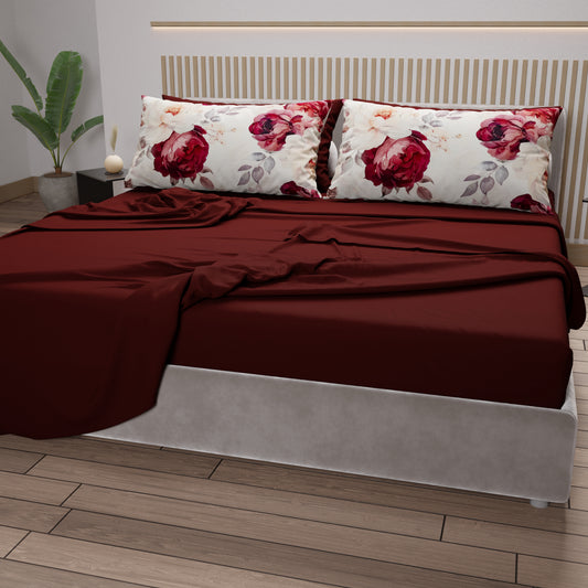 Draps en Coton, Parure de Lit avec Taies d'Oreiller en Impression Numérique Florale 04-171