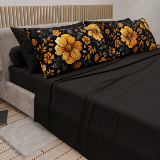 Lenzuola in Cotone, Completo Letto con Federe in Stampa Digitale Autunno 02 Nero