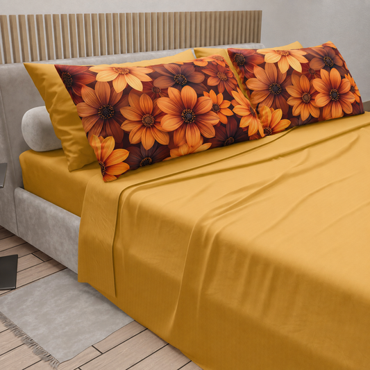 Lenzuola in Cotone, Completo Letto con Federe in Stampa Digitale Autunno 06 Giallo