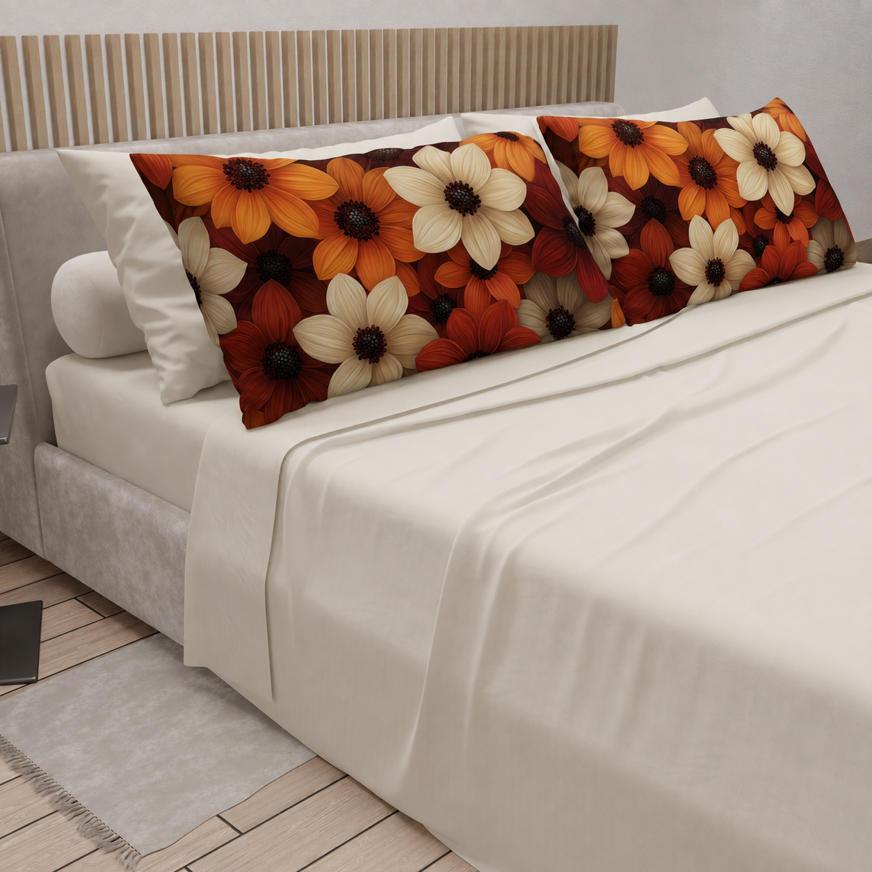 Lenzuola in Cotone, Completo Letto con Federe in Stampa Digitale Autunno 05 Panna
