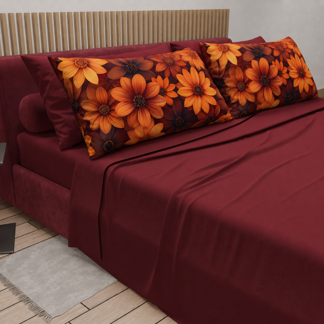 Lenzuola in Cotone, Completo Letto con Federe in Stampa Digitale Autunno 06 Bordeaux