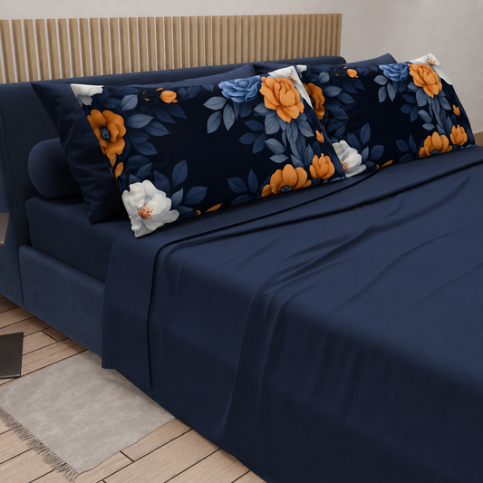 Lenzuola in Cotone, Completo Letto con Federe in Stampa Digitale Autunno 04 Blu Notte