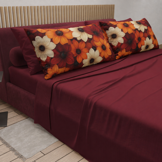 Lenzuola in Cotone, Completo Letto con Federe in Stampa Digitale Autunno 05 Bordeaux