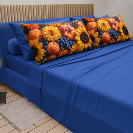Lenzuola in Cotone, Completo Letto con Federe in Stampa Digitale Autunno 03 Blu Elettrico