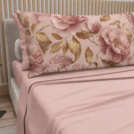 Lenzuola in Cotone, Completo Letto con Federe in Stampa Digitale Petalo 13 Cipria Chiaro.