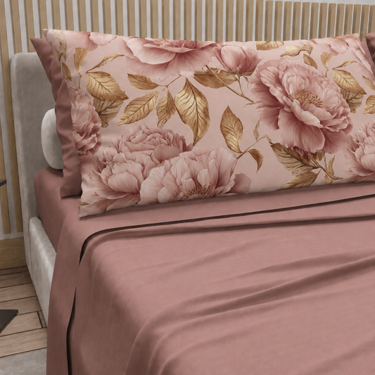 Lenzuola in Cotone, Completo Letto con Federe in Stampa Digitale Petalo 13 Cipria Scuro