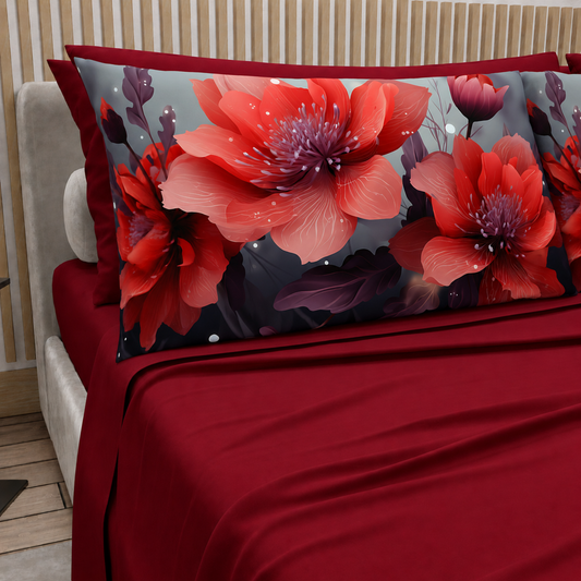 Lenzuola in Cotone, Completo Letto con Federe in Stampa Digitale Petalo 19 Bordeaux.