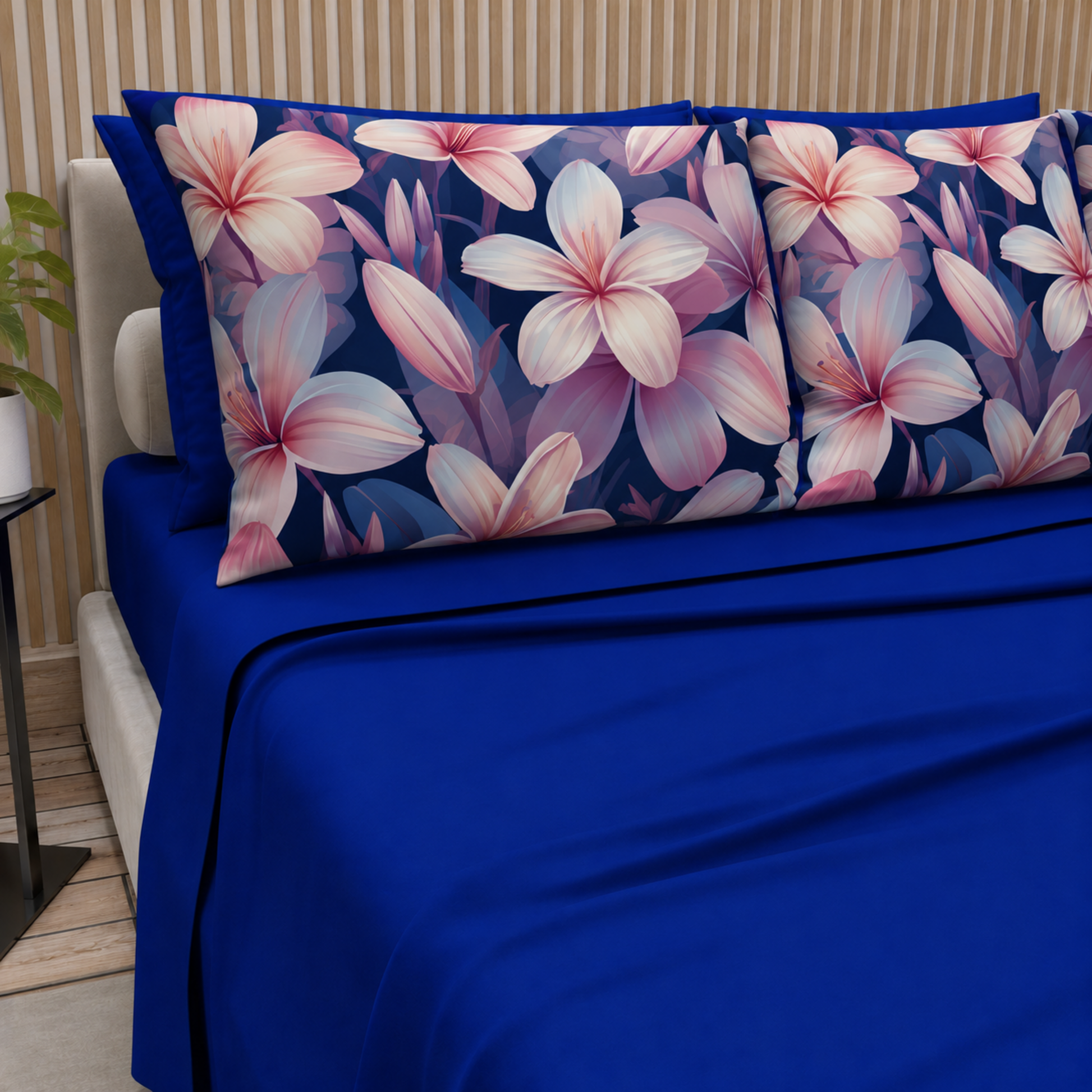 Lenzuola in Cotone, Completo Letto con Federe in Stampa Digitale Petalo 16 Blu Elettrico.
